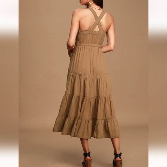 NWT - Free people - Catch the Breeze Tan Button-Front Tiered Midi Dress - Picture 5 of 5